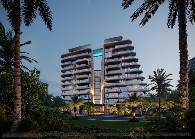 The Delmore front facade at twilight