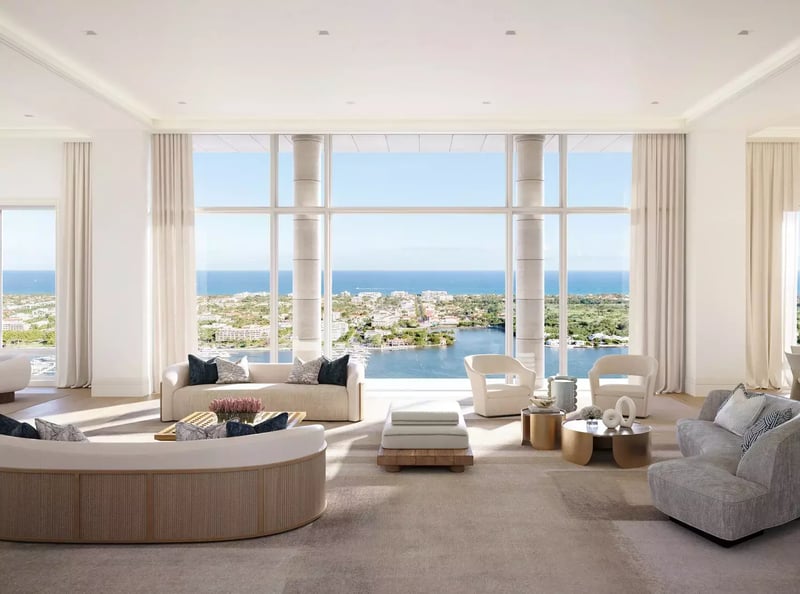 South Flagler House exterior rendering — dual limestone towers on the Intracoastal Waterway